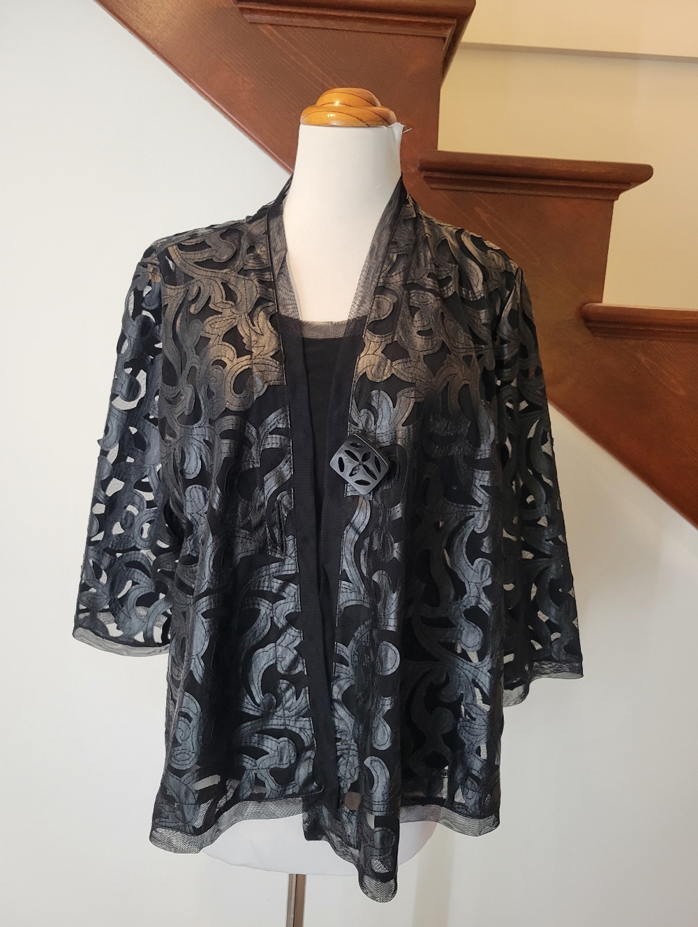 Joseph Ribkoff Black Mesh Faux Leather Overlay Jacket Size 10 New